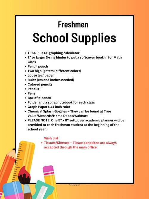 Freshman School Supplies List