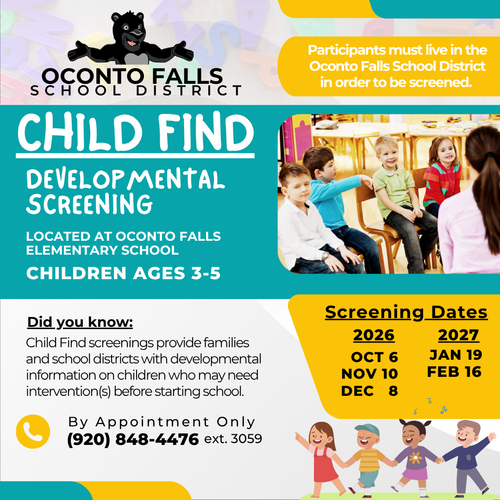 OFSD Child Find Screening Flyer that includes dates of screenings.